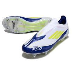 Botas de fútbol Adidas F50 Elite Laceless SG con punta de aluminio Messi blanco, azul y verde