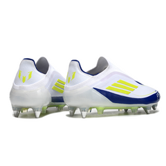 Botas de fútbol Adidas F50 Elite Laceless SG con punta de aluminio Messi blanco, azul y verde