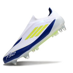 Botas de fútbol Adidas F50 Elite Laceless SG con punta de aluminio Messi blanco, azul y verde