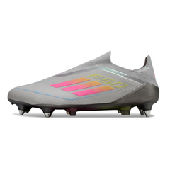 Botas de fútbol Adidas F50 Elite Laceless SG con punta de aluminio, gris, rosa y amarillo