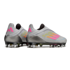 Botas de fútbol Adidas F50 Elite Laceless SG con punta de aluminio, gris, rosa y amarillo