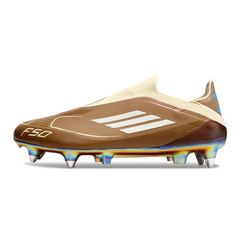 Chuteira Campo Adidas F50 Elite Sem Cadarço SG Ponta de Aluminio Messi Marrom e Azul Claro