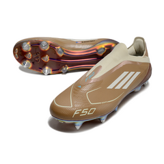 Chuteira Campo Adidas F50 Elite Sem Cadarço SG Ponta de Aluminio Messi Marrom e Azul Claro