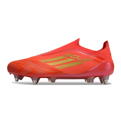 Botas de fútbol Adidas F50 Elite Laceless SG con punta de aluminio, color rojo y amarillo