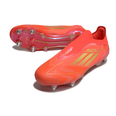 Botas de fútbol Adidas F50 Elite Laceless SG con punta de aluminio, color rojo y amarillo