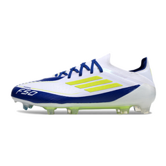 Chuteira Campo Adidas F50 Primeknit Elite FG Messi Branca Azul e Amarelo