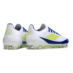 Chuteira Campo Adidas F50 Primeknit Elite FG Messi Branca Azul e Amarelo