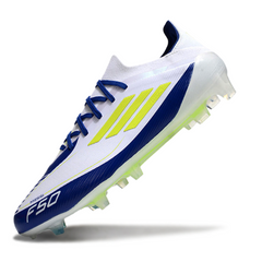 Botas de fútbol Adidas F50 Primeknit Elite FG Messi en blanco, azul y amarillo