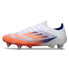 Botas de fútbol Adidas F50 Primeknit Elite SG con punta de aluminio en color blanco, gris y naranja