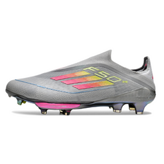 Chuteira Campo Adidas F50+ Elite Sem Cadarço FG Cinza, Rosa e Amarelo