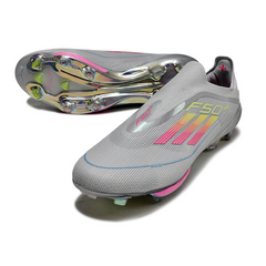 Chuteira Campo Adidas F50+ Elite Sem Cadarço FG Cinza, Rosa e Amarelo