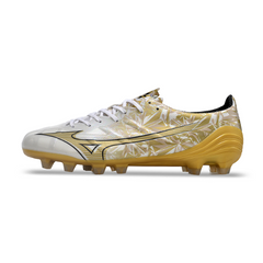 Chuteira Campo Mizuno Alpha FG Branca e Dourada - VENI Futebol