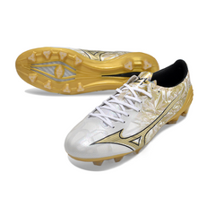 Chuteira Campo Mizuno Alpha FG Branca e Dourada - VENI Futebol