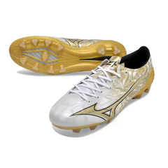 Chuteira Campo Mizuno Alpha FG Branca e Dourada - VENI Futebol