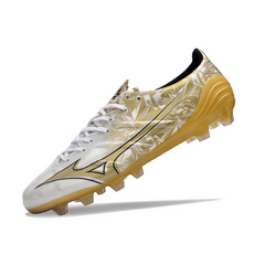 Chuteira Campo Mizuno Alpha FG Branca e Dourada - VENI Futebol