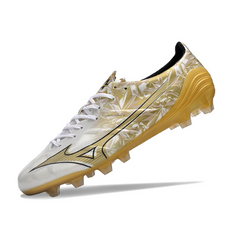 Chuteira Campo Mizuno Alpha FG Branca e Dourada - VENI Futebol