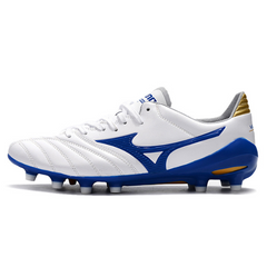 Chuteira Campo Mizuno Morelia Neo III Elite FG Branca, Azul e Amarela