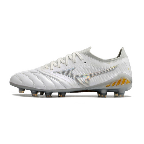 Chuteira Campo Mizuno Morelia Neo III Elite FG Branca, Cinza e Amarela - VENI Futebol