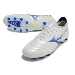 Botas de fútbol Mizuno Morelia Neo IV Elite FG en color blanco, azul y amarillo