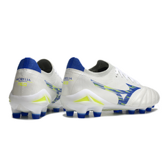 Botas de fútbol Mizuno Morelia Neo IV Elite FG en color blanco, azul y amarillo