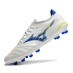 Botas de fútbol Mizuno Morelia Neo IV Elite FG en color blanco, azul y amarillo