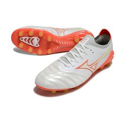 Botas de fútbol Mizuno Morelia Neo IV Elite FG en color blanco, naranja y amarillo