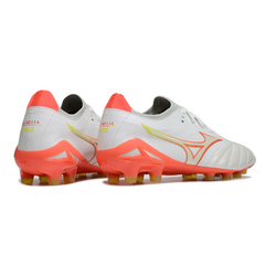 Botas de fútbol Mizuno Morelia Neo IV Elite FG en color blanco, naranja y amarillo