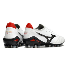 Botas de fútbol Mizuno Morelia Neo IV Elite FG en color blanco, negro y rojo