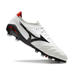 Botas de fútbol Mizuno Morelia Neo IV Elite FG en color blanco, negro y rojo