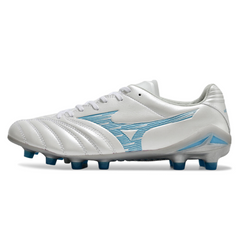 Chuteira Campo Mizuno Morelia Neo IV Pro FG Branco e Azul Claro