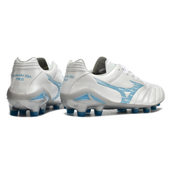 Chuteira Campo Mizuno Morelia Neo IV Pro FG Branco e Azul Claro