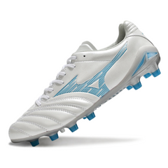 Botas de fútbol Mizuno Morelia Neo IV Pro FG blancas y celestes