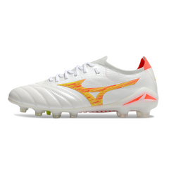 Chuteira Campo Mizuno Morelia Neo IV Elite FG Branco, Laranja e Amarelo