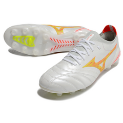 Chuteira Campo Mizuno Morelia Neo IV Elite FG Branco, Laranja e Amarelo