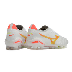 Chuteira Campo Mizuno Morelia Neo IV Elite FG Branco, Laranja e Amarelo