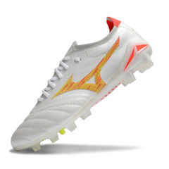 Chuteira Campo Mizuno Morelia Neo IV Elite FG Branco, Laranja e Amarelo