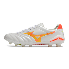 Botas de fútbol Mizuno Morelia Neo IV Pro FG en color blanco, naranja y amarillo