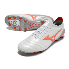 Chuteira Campo Mizuno Morelia Neo IV Pro FG Branco e Laranja