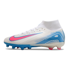 Chuteira Infantil Campo Nike Air Zoom Mercurial Superfly 10 Elite AG Branca, Azul Claro e Rosa