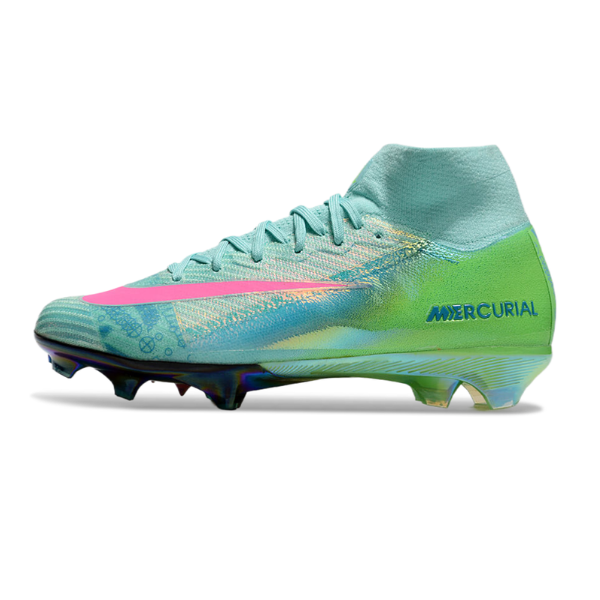 Chuteira Campo FG Nike Air Zoom Mercurial Superfly 10 Elite Azul, Verde e Rosa Infantil