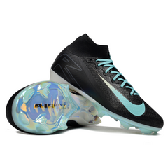 Chuteira Infantil Campo Nike Air Zoom Mercurial Superfly 10 Elite FG Preta, Branca e Azul Claro
