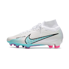 Chuteira Infantil Campo Nike Zoom Mercurial Superfly 9 Elite FG Branca, Azul Claro e Rosa