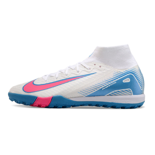 Chuteira Society TF Nike Zoom Mercurial Superfly 10 Elite Infantil Branca Rosa e Azul