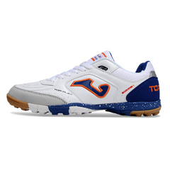 Chuteira Society Joma Top Flex TF Branca, Azul e Laranja