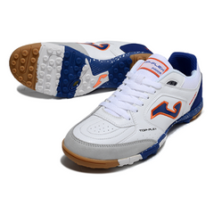 Chuteira Society Joma Top Flex TF Branca, Azul e Laranja