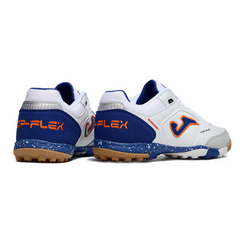Chuteira Society Joma Top Flex TF Branca, Azul e Laranja