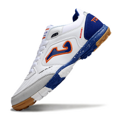 Chuteira Society Joma Top Flex TF Branca, Azul e Laranja