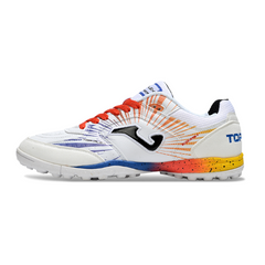 Chuteira Society Joma Top Flex TF Branca, Laranja e Azul