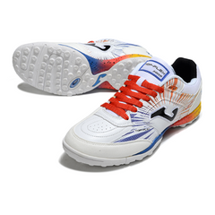 Chuteira Society Joma Top Flex TF Branca, Laranja e Azul