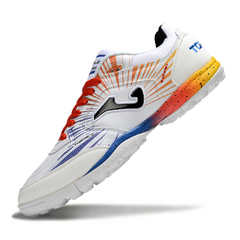 Chuteira Society Joma Top Flex TF Branca, Laranja e Azul